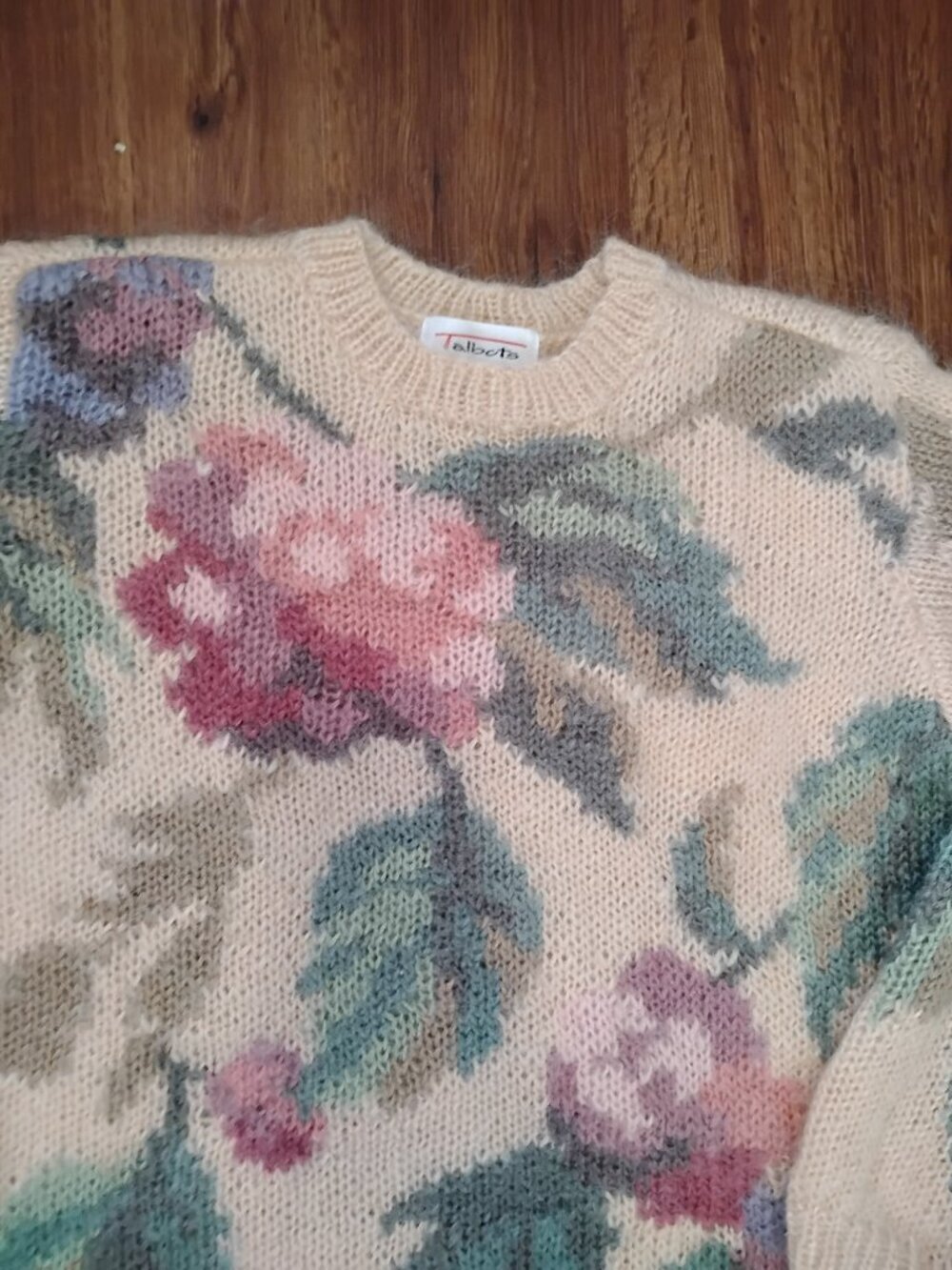 Vintage Talbots Floral AOP Mohair Crewneck Sweater Hand Knit